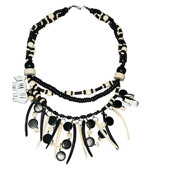 Vintage Tribal Wood Bead Statement Necklace Black White Carved Elephant - Picture 3 of 12